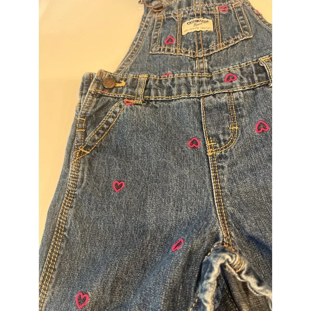 OshKosh Bgosh Baby Girls 18M Denim Overalls With Pink Heart Embroidery
